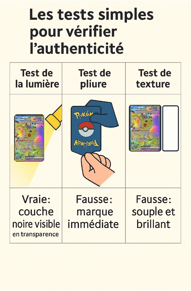 Fausse carte Pokémon : Test de lumière sur une carte Pokémon pour révéler la couche noire centrale des vraies cartes